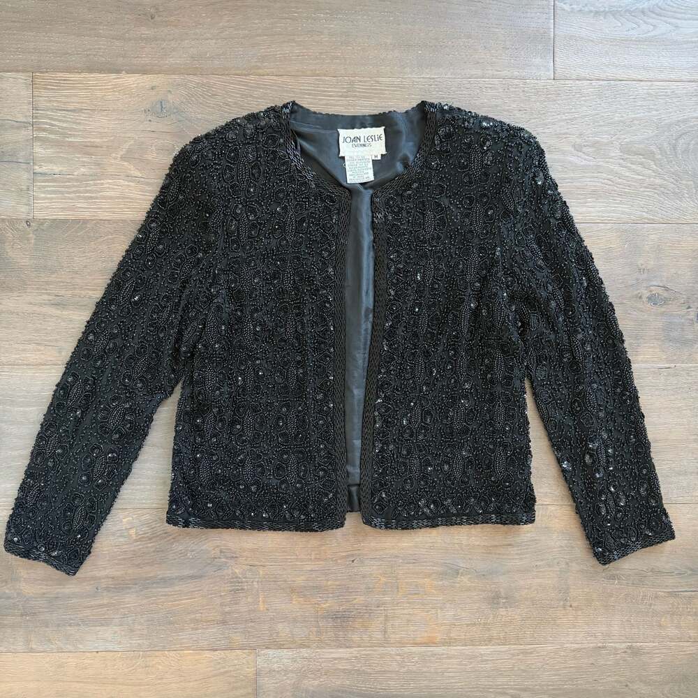 Vintage 90s Handmade Silk Beaded Jacket Sz M Sequin Evening Jacket, Mob Wife